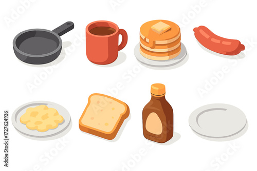 Isometric Breakfast Icons. Breakfast griddle set set icons in modern isometric flat : frying pan, coffee mug, stack of pancakes, sausage link,