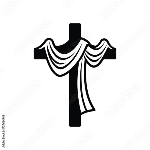 Christian cross with draped fabric silhouette vector illustration