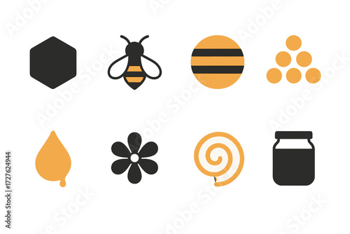 Abstract Beehive Icons. Minimalist beehive symbols set of icons in abstract flat : hexagon shape, simple bee, striped circle, dotted hive, dripping