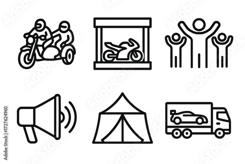 Event Icons Collection. Event setup icons in outline style: sidecar race, paddock area, crowd wave, loudspeaker, tent, race car truck