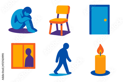 Vivid Solitude Icons. Loneliness in modern flat vector : sad slump, empty chair, closed door, window, shadow figure, candle