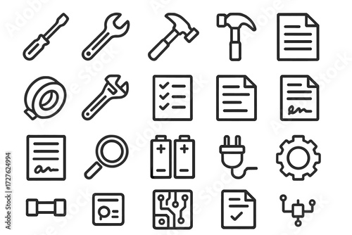 Utility Tools Icons. Utility tools icons in outline style: screwdriver, wrench, hammer, toolbox, tape roll, calibration tool, checklist sheet,