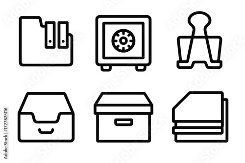 Archive Icons Collection. Archive icons icons in outline style: organize file, safe box, binder clip, drawer, box, stack of papers