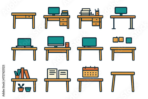 Modern Desk Icon Set. Desk basics in modern flat vector : office desk, tidy desk, cluttered desk, standing desk, laptop on desk, desktop computer on
