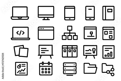 Digital Tools Icons. Work tools icons in outline style: laptop, desktop, tablet, mobile phone, code editor, browser window, sitemap, project binder,