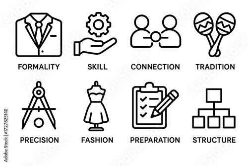 Concept Icons Collection. Concepts icons in outline style: formality, skill, connection, tradition, precision, fashion, preparation, structure
