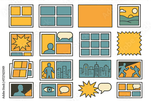 Isometric Comic Icons. Comic layout set icons in modern isometric flat : two-panel spread, four-panel spread, splash page, full illustration page,