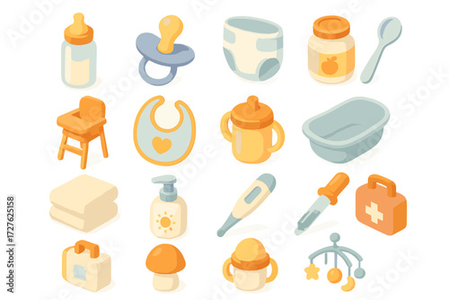 Baby Care Essentials. Daily care set icons in modern isometric flat : bottle, pacifier, diaper, baby food jar, spoon, high chair, bib, sippy cup, baby