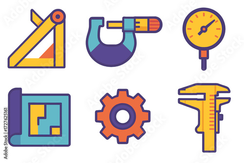 Vibrant Workshop Tools. Workshop instruments in modern flat vector : angle finder, micrometer, dial gauge, vernier caliper, blueprint, gear