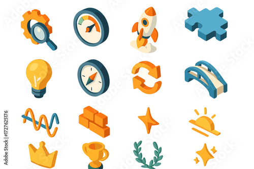 Isometric Optimization Icons. Optimization themes set icons in modern isometric flat : gear with magnifier, speedometer, rocket launch, puzzle piece,
