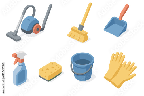 Isometric Cleaning Tools. Cleaning tools set icons in modern isometric flat : vacuum cleaner, mop, broom, dustpan, spray bottle, sponge, bucket,