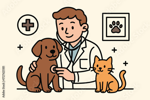 Friendly veterinarian examining a happy dog and a cute cat with stethoscope