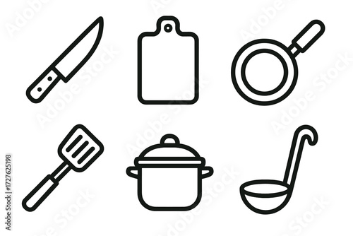 Kitchen Tools Icons. Kitchen essentials icons in outline style: chef knife, cutting board, frying pan, spatula, pot, ladle
