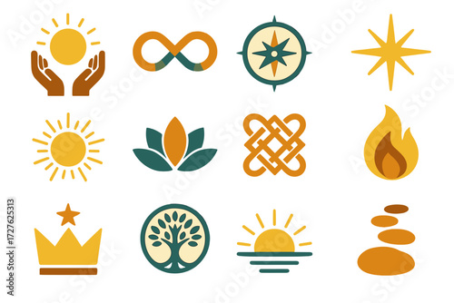 Symbolic Icon Set. Symbolic trust exchange set of icons in abstract flat : glowing aura, infinity loop, compass, guiding star, radiant sun, lotus