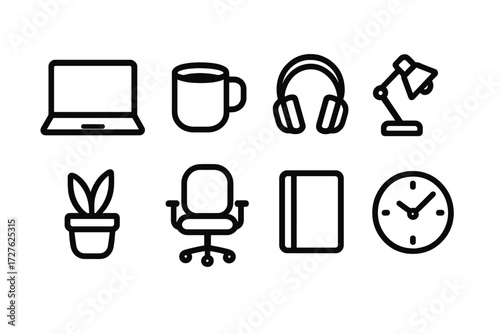 Home Office Icons. Home office essentials icons in outline style: laptop, coffee mug, headphones, desk lamp, notebook, plant pot, office chair, clock
