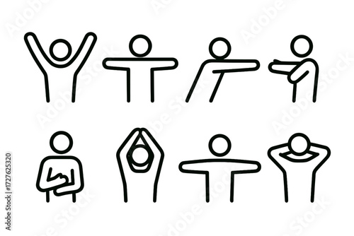 Gesture Icon Variations. Gestures icons in outline style: arms raised upward, arms stretched sideways, arms reaching forward, arms pulled back, hand