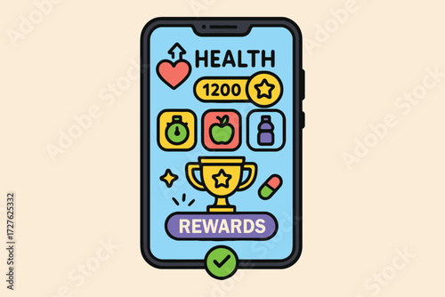 Smartphone displaying a health app with rewards and achievements for healthy living