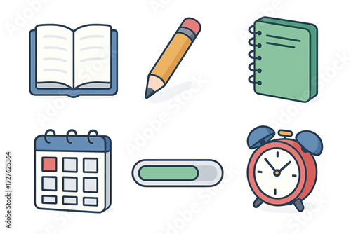 Study Planner Icons. Study planner set icons in modern isometric flat : open book, pencil, notebook, time grid, progress bar, alarm clock