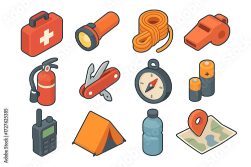 Isometric Emergency Tools. Emergency toolbox set icons in modern isometric flat : first aid kit, flashlight, rope, whistle, fire extinguisher,