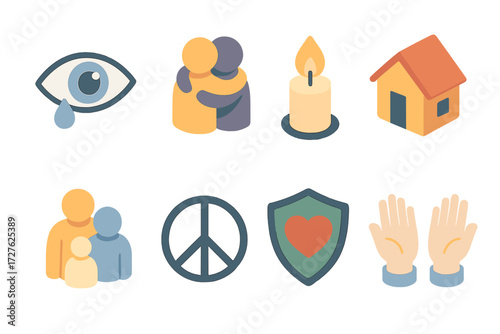 Support Icon Set. Emotional support set icons in modern isometric flat : caring eyes, comforting hug, candle flame, home, family group, peace symbol,