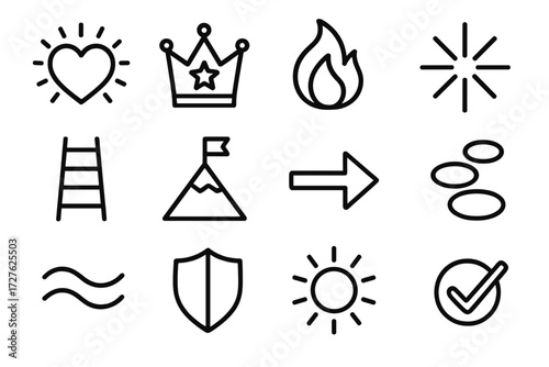 Symbolic Joy Icons. Symbolic quiet joy icons in outline style: glowing heart, crown with star, storytelling flame, starburst, ladder steps, mountain