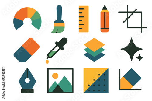Icon Set. Design slider bar set of icons in abstract flat : color palette, paintbrush, ruler, pencil, eraser, dropper tool, layers icon, crop tool,