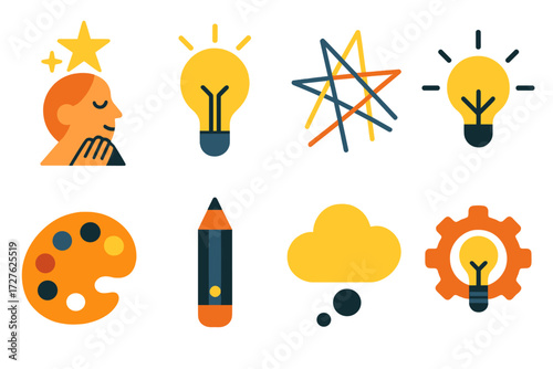 Abstract Innovation Icons. Creative praise set of icons in abstract flat : admiration, lightbulb, doodle star, idea spark, palette, pen, thought