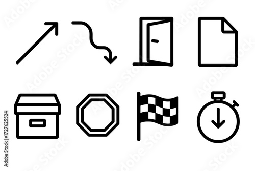 Final Phase Icons. Final phase icons in outline style: last step arrow, downward path, closing door, folded paper, archive box, stop sign, finish