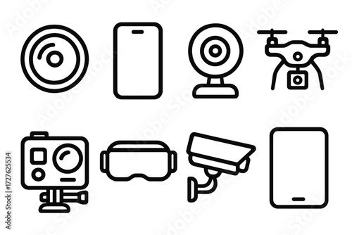 Tech Device Icons. Tech devices icons in outline style: camera lens, smartphone, webcam, drone, action camera, VR headset, security camera, tablet.