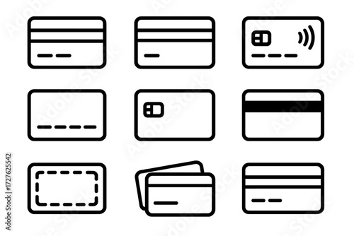 Card Icon Variety. Objects icons in outline style: credit card, debit card, prepaid card, contactless card, embossed card, chip card, card with