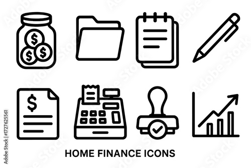 Home Finance Icons. Home finance icons in outline style: coin jar, folder, notepad, pen, budget sheet, cash register, approval stamp, rising graph.