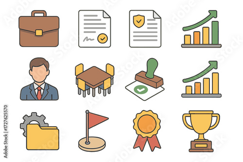 Business Icon Set. Business cash flow set icons in modern isometric flat : briefcase, contract paper, policy document, report sheet, supervisor figure