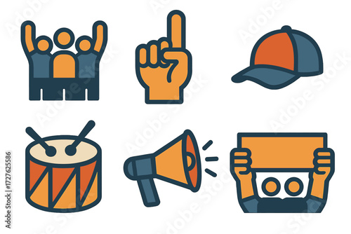 Sports Icons. Sports fans set of icons in abstract flat : crowd wave, foam finger, cap, drum, megaphone, banner
