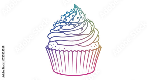 Rainbow-Colored Line Art Drawing of a Swirled Cupcake.