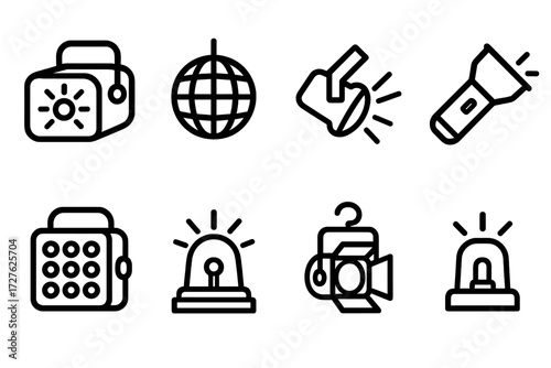 Lighting Equipment Icons. Objects icons in outline style: strobe light, disco ball, spotlight, flashlight, LED panel, rotating light, stage light,