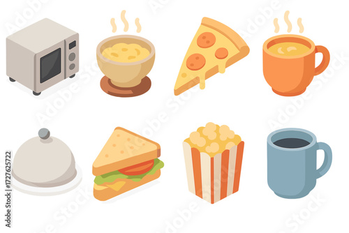 Isometric Food Heating Icons. Heating food set icons in modern isometric flat : microwave, steaming bowl, pizza slice, cup of soup, plate with cover,