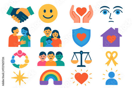 Customer Care Icons. Customer care in modern flat vector : handshake, smiling face, caring hands, empathy eyes, supportive figure, happy family, trust