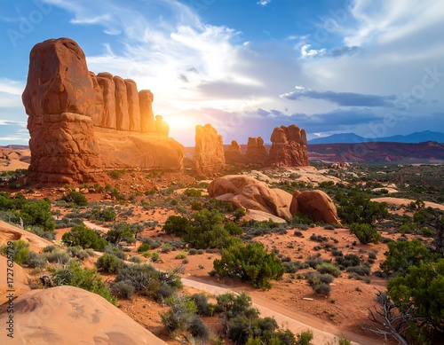 Sunset illuminates a desert landscape of red rock formations and sparse vegetation