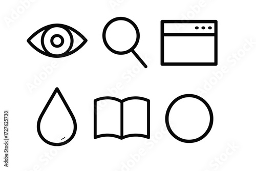 Transparency Icon Set. Transparency icons in outline style: eye icon, magnifying glass, window, clear water droplet, open book, glass sphere