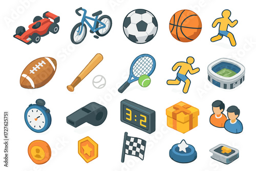 Sports Competition Icons. Competition context set icons in modern isometric flat : race car, racing bike, soccer ball, basketball, football, baseball