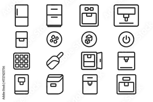 Appliance Icon Set. Appliance basics icons in outline style: refrigerator door, freezer drawer, ice dispenser panel, digital display, water dispenser