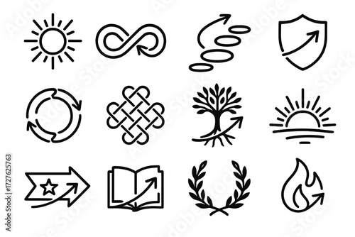 Symbolic Outline Icons. Symbolic reference arrow icons in outline style: radiant sun, infinity loop, path stones, protective shield, unity circle,