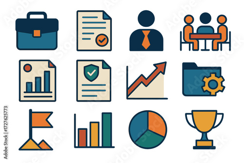 Work Icons. Work action note set of icons in abstract flat : briefcase, contract paper, supervisor figure, meeting table, report sheet, policy