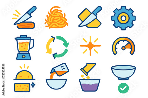 Kitchen Action Icons. Process actions in modern flat vector : slicing motion, shredding swirl, chopping icon, grinding gear, blending whirl, mixing