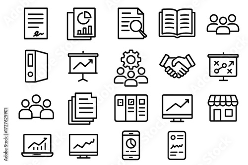 Business Icon Set. Business context icons in outline style: contract paper, report sheet, audit paper, ledger book, project binder, presentation