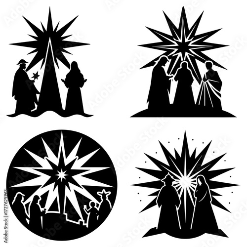 Four nativity scenes with star of bethlehem in black silhouette on a white background for christmas theme