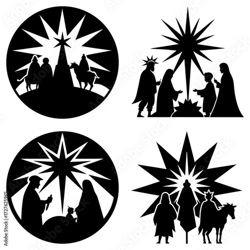 Four nativity scene illustrations featuring the three wise men and the star of bethlehem design elements