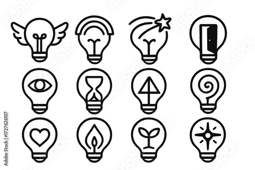 Creative Bulb Icons. Imaginative concepts icons in outline style: bulb with wings, bulb with rainbow, bulb with shooting star, bulb with open door,
