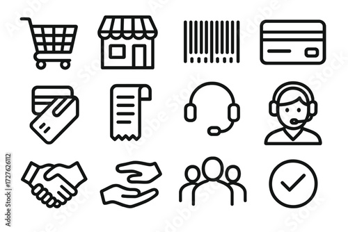 Customer Service Icons. Customer touchpoint icons in outline style: shopping cart, store building, barcode, credit card, debit swipe, receipt roll,