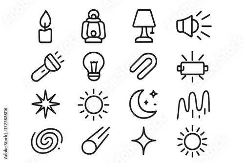 Light Source Icons. Light sources icons in outline style: candle flame, lantern, lamp, spotlight, flashlight, LED bulb, neon glow, strobe light,